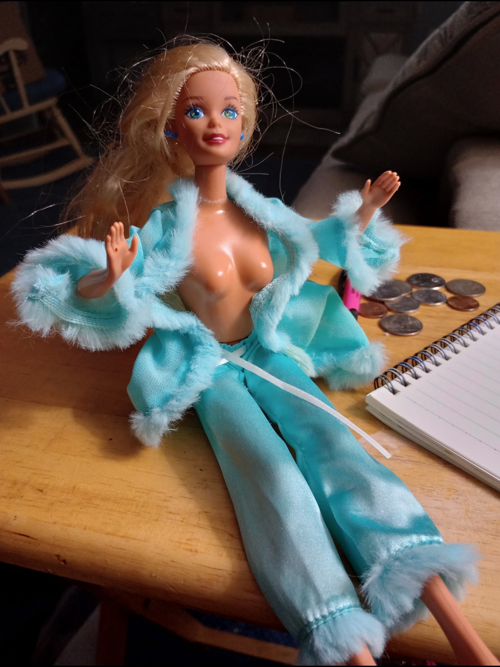 Blue Fur-Trim Pajama Doll Outfit. With Barbie Doll 1986 China. No Top Included.